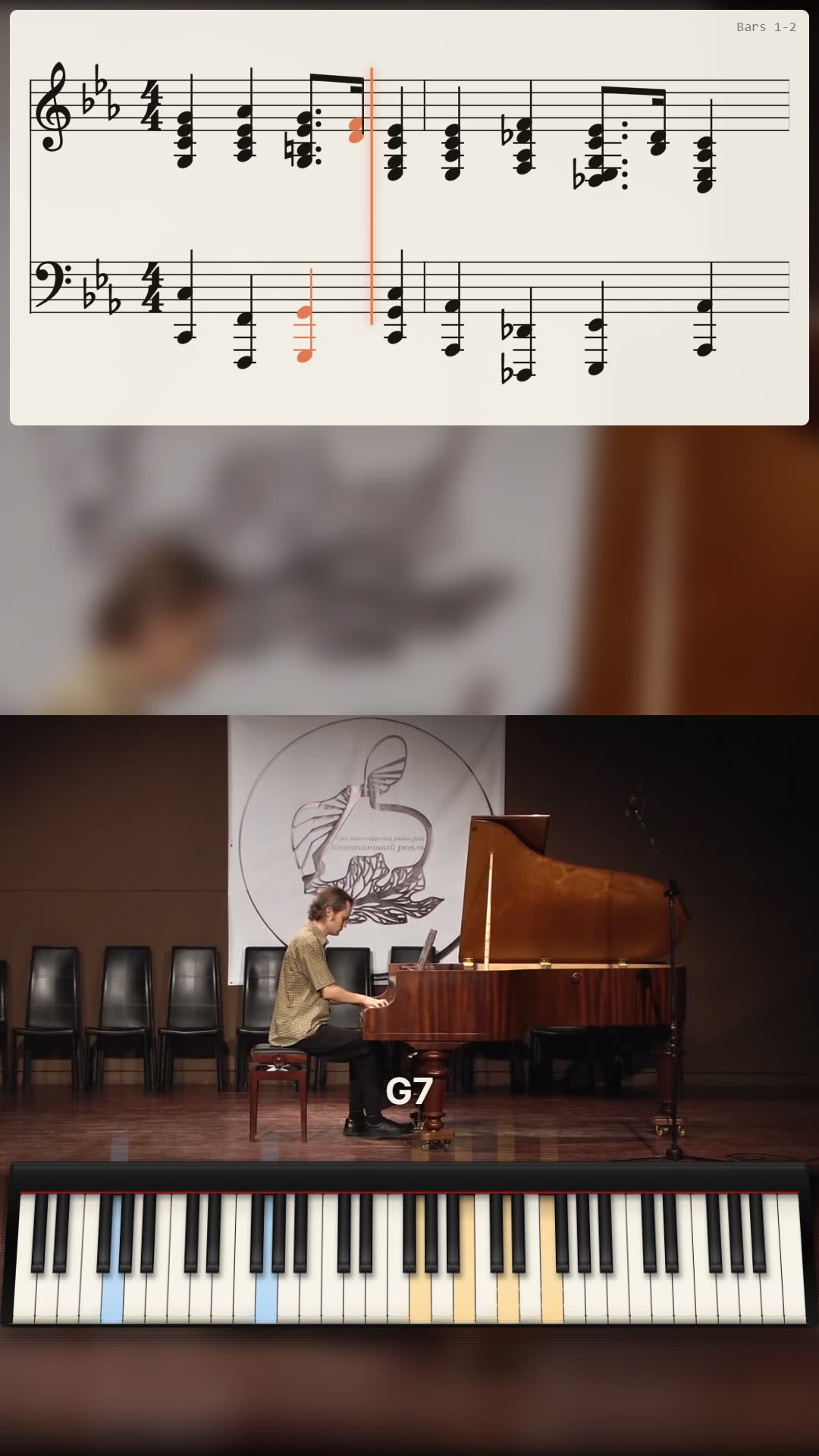 A lesson video: the printed page with bar numbers and a grand piano above