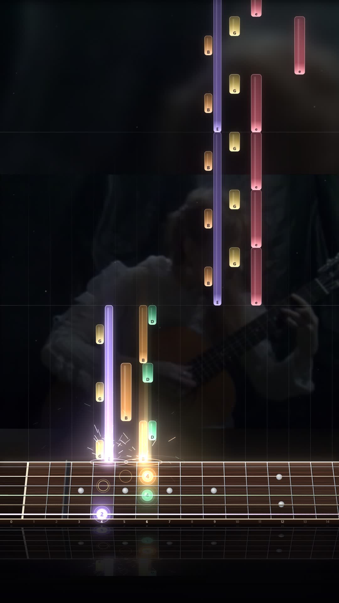 A guitar Short with glowing notes falling onto the neck